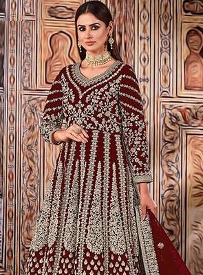 maroon embroidered butterfly net semi - stitched kurta set 2