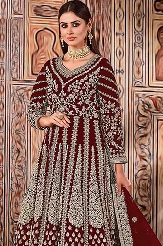 maroon embroidered butterfly net semi - stitched kurta set
