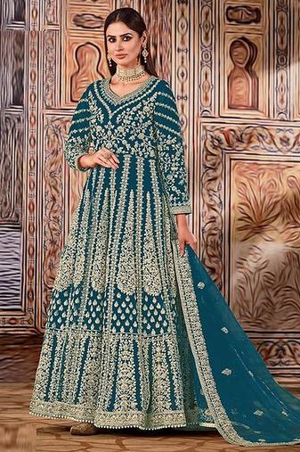 blue embroidered butterfly net semi - stitched kurta set
