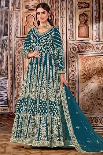 blue embroidered butterfly net semi - stitched kurta set