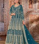 blue embroidered butterfly net semi - stitched kurta set