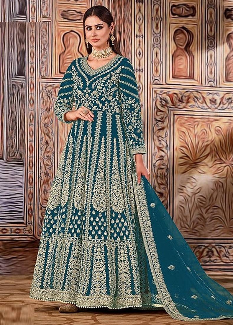 blue embroidered butterfly net semi - stitched kurta set