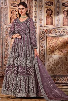 purple embroidered butterfly net semi - stitched kurta set 1