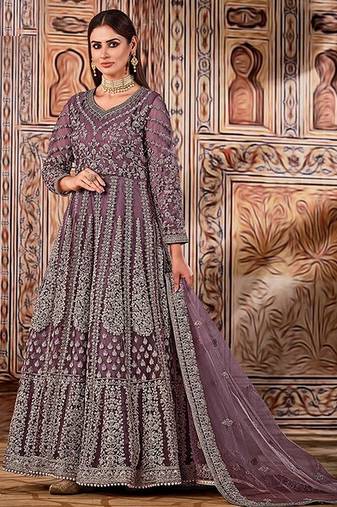 purple embroidered butterfly net semi - stitched kurta set