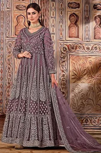 purple embroidered butterfly net semi - stitched kurta set