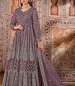 purple embroidered butterfly net semi - stitched kurta set