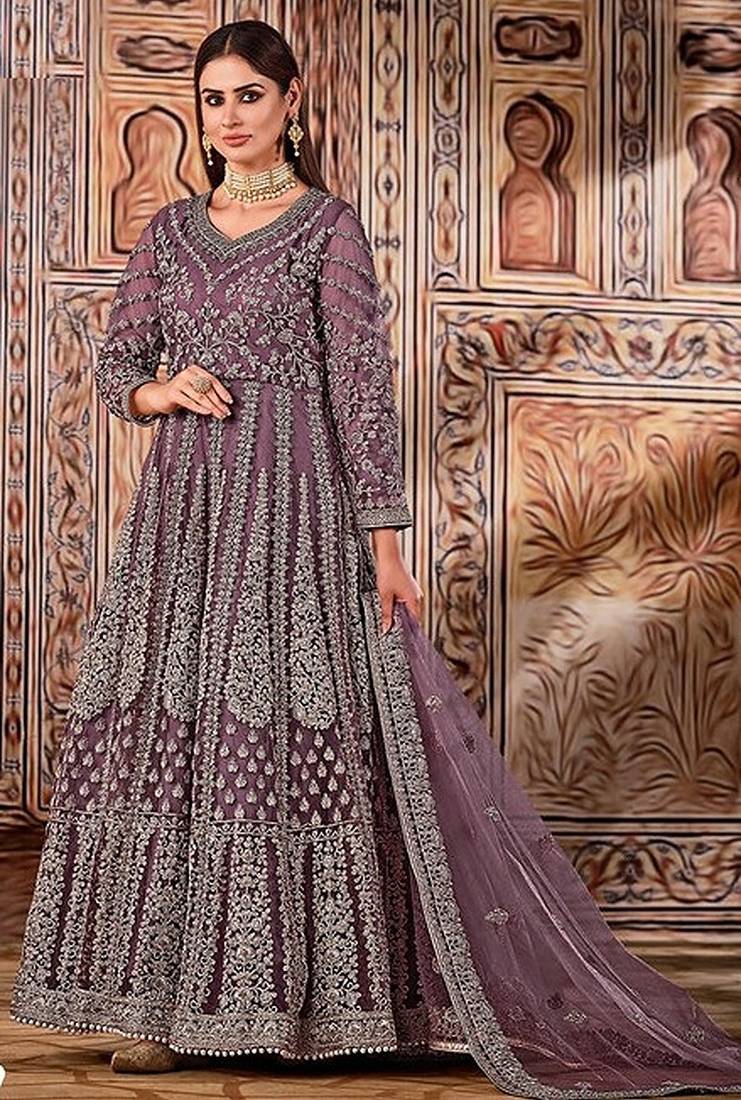purple embroidered butterfly net semi - stitched kurta set