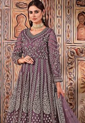 purple embroidered butterfly net semi - stitched kurta set 2