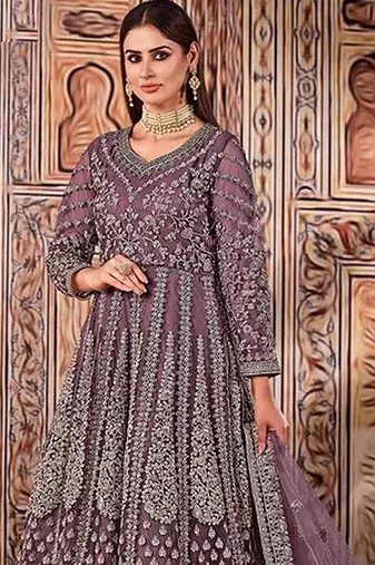 purple embroidered butterfly net semi - stitched kurta set