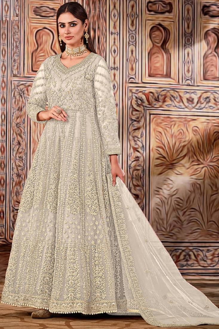 cream embroidered butterfly net semi - stitched kurta set