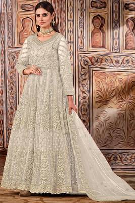 cream embroidered butterfly net semi - stitched kurta set 1