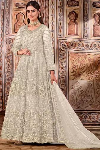 cream embroidered butterfly net semi - stitched kurta set