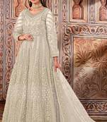 cream embroidered butterfly net semi - stitched kurta set