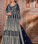 blue embroidered butterfly net semi - stitched kurta set