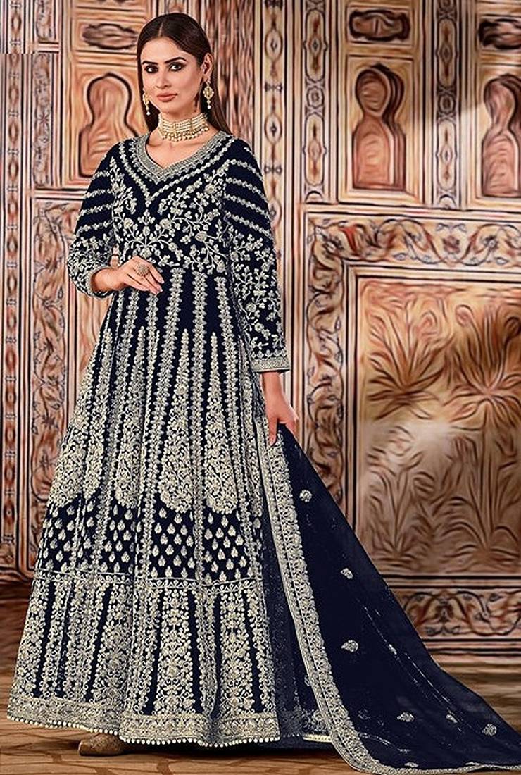 blue embroidered butterfly net semi - stitched kurta set