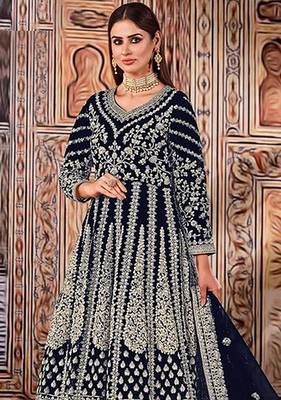 blue embroidered butterfly net semi - stitched kurta set 2