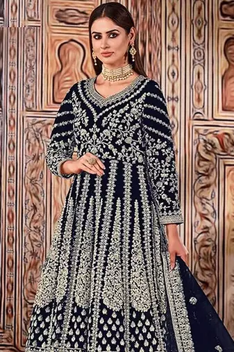 blue embroidered butterfly net semi - stitched kurta set