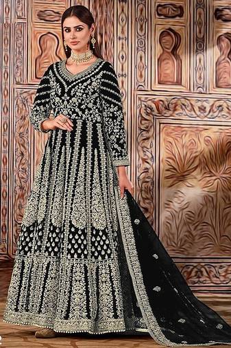 black embroidered butterfly net semi - stitched kurta set