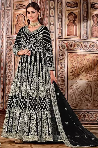 black embroidered butterfly net semi - stitched kurta set
