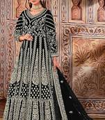 black embroidered butterfly net semi - stitched kurta set