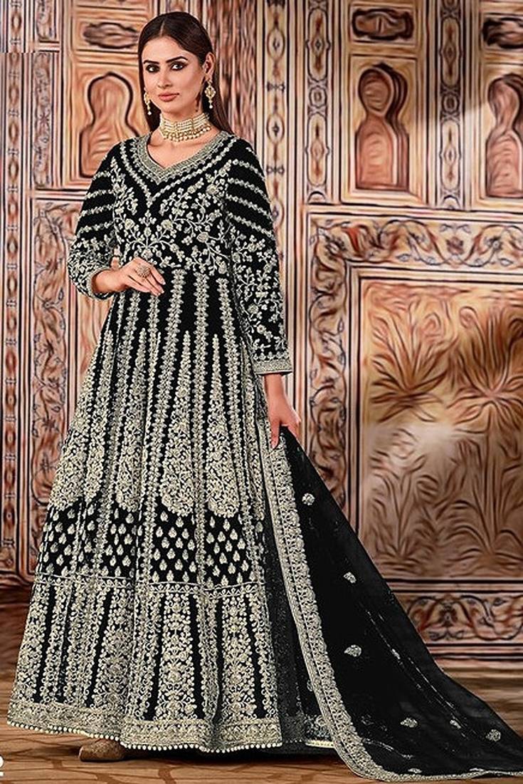 black embroidered butterfly net semi - stitched kurta set