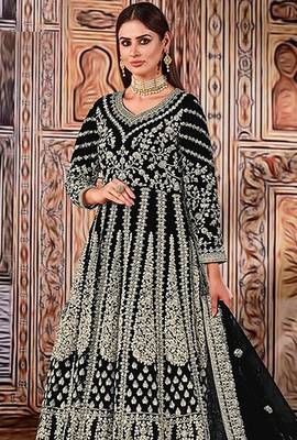 black embroidered butterfly net semi - stitched kurta set 2