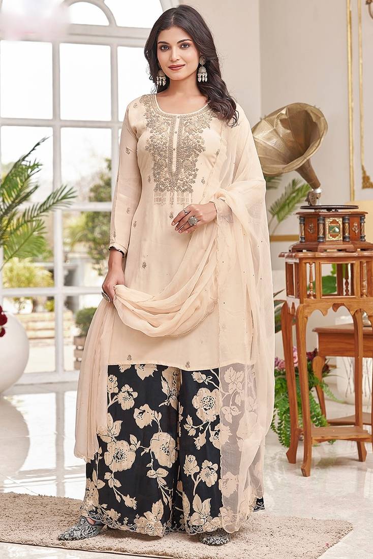 cream embroidered ho fabric free size stitched kurta set