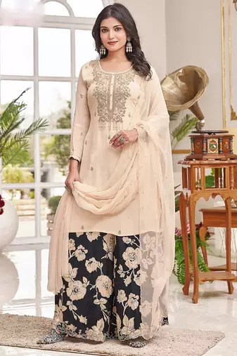 cream embroidered ho fabric free size stitched kurta set