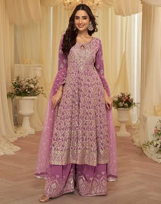 lavender embroidered geogette free size stitched kurta set 1