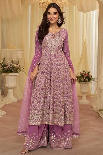 lavender embroidered geogette free size stitched kurta set