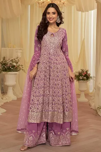 lavender embroidered geogette free size stitched kurta set