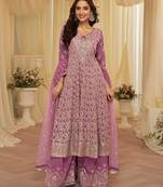 lavender embroidered geogette free size stitched kurta set