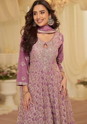 lavender embroidered geogette free size stitched kurta set 2