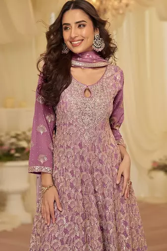 lavender embroidered geogette free size stitched kurta set