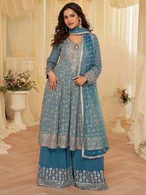 blue embroidered geogette free size stitched kurta set 1