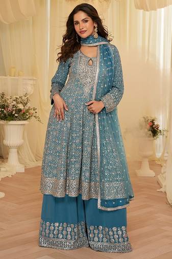 blue embroidered geogette free size stitched kurta set