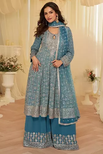 blue embroidered geogette free size stitched kurta set