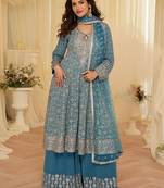 blue embroidered geogette free size stitched kurta set