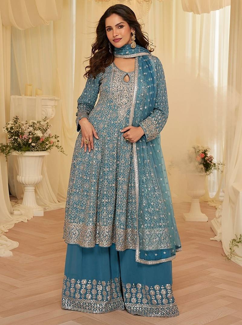 blue embroidered geogette free size stitched kurta set