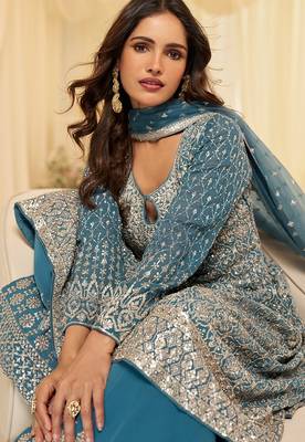 blue embroidered geogette free size stitched kurta set 2