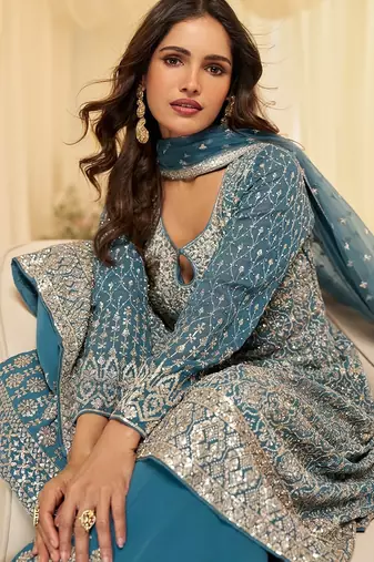 blue embroidered geogette free size stitched kurta set