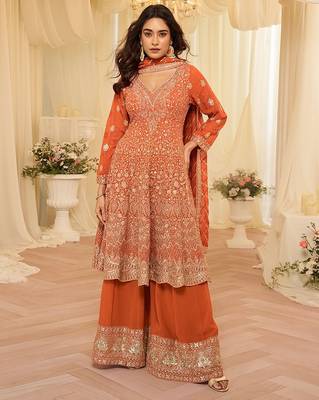 peach embroidered geogette free size stitched kurta set 1