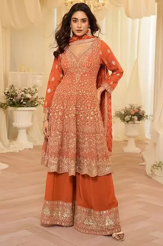 peach embroidered geogette free size stitched kurta set