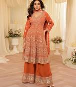 peach embroidered geogette free size stitched kurta set