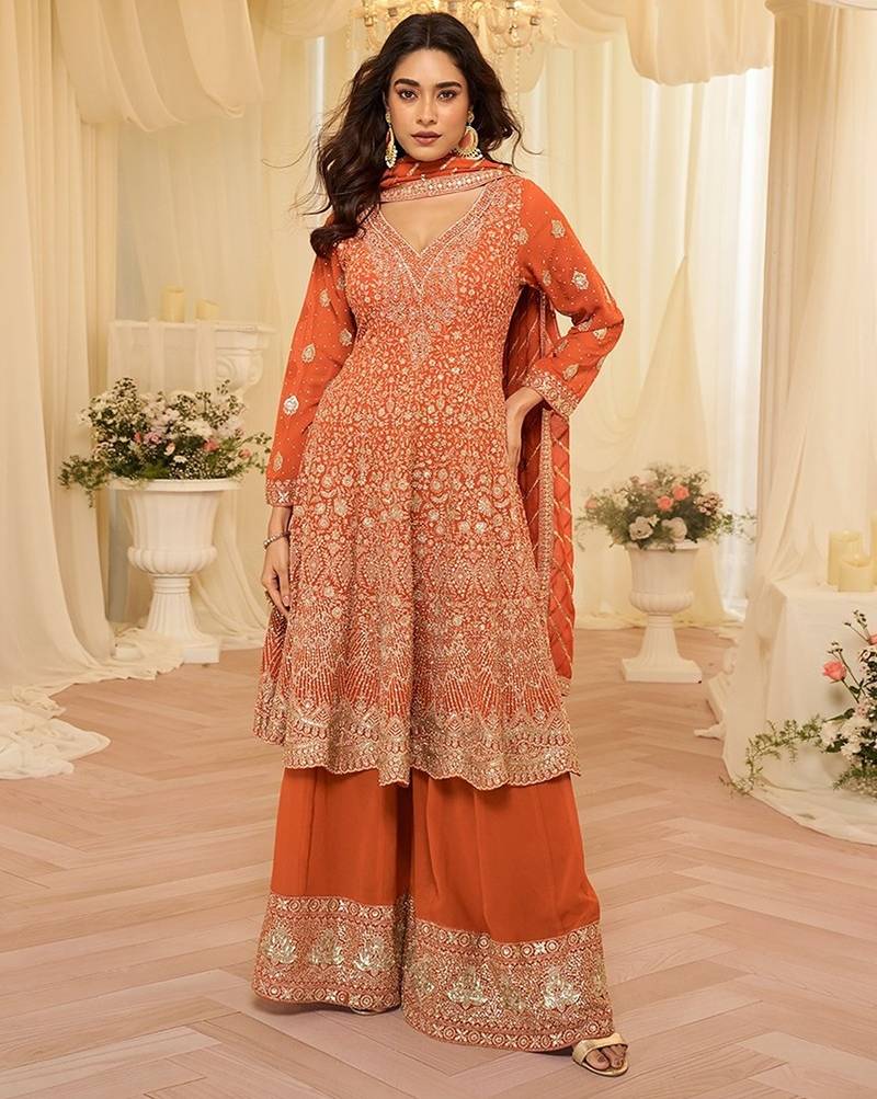 peach embroidered geogette free size stitched kurta set