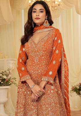 peach embroidered geogette free size stitched kurta set 2