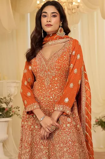 peach embroidered geogette free size stitched kurta set