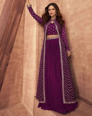 wine embroidered chinon stitched crop top jacket with skirt 1