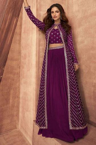 wine embroidered chinon stitched crop top jacket with skirt