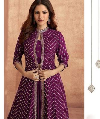 wine embroidered chinon stitched crop top jacket with skirt 2